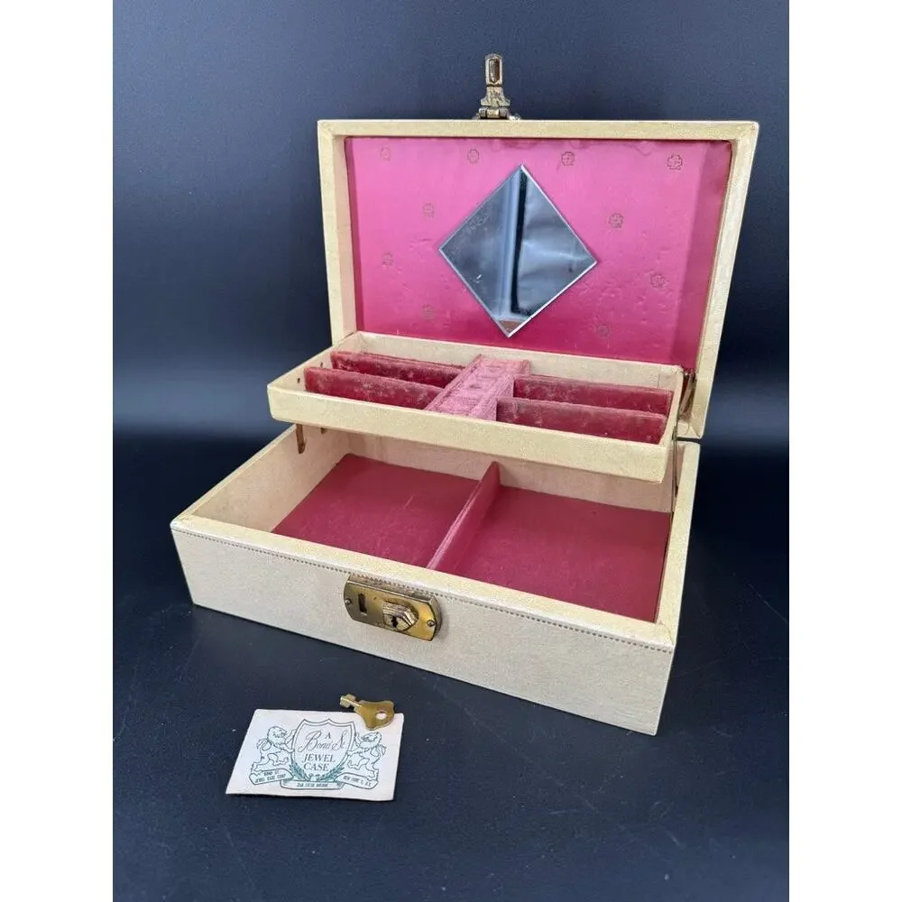 Vintage 1950s Bond St Jewel Case Jewelry Box Pink Velvet Mirror Key MCM